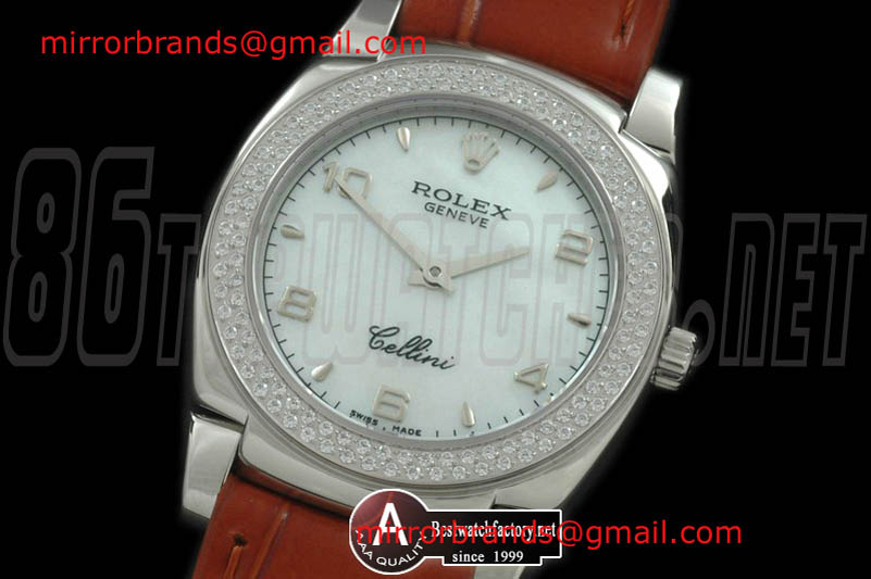 Luxury Rolex Ladies Cellini SS/Leather/Diamond MOP White Num Swiss Qtz