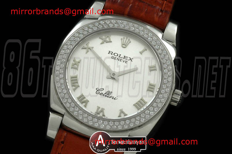 Luxury Rolex Ladies Cellini SS/Leather/Diamond White Roman Swiss Qtz