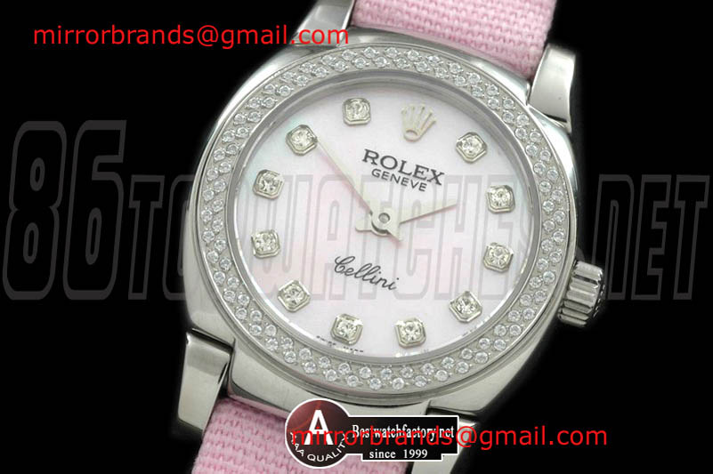 Luxury Rolex Ladies Mini Cellini SS/Leather White Diamond Swiss Quartz