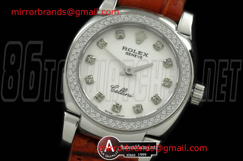 Luxury Rolex Ladies Mini Cellini SS/Leather MOP White Diamond Swiss Quartz