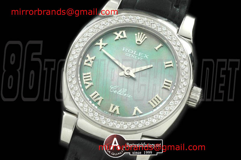 Luxury Rolex Ladies Mini Cellini SS/Leather MOP Green Roman Swiss Qtz