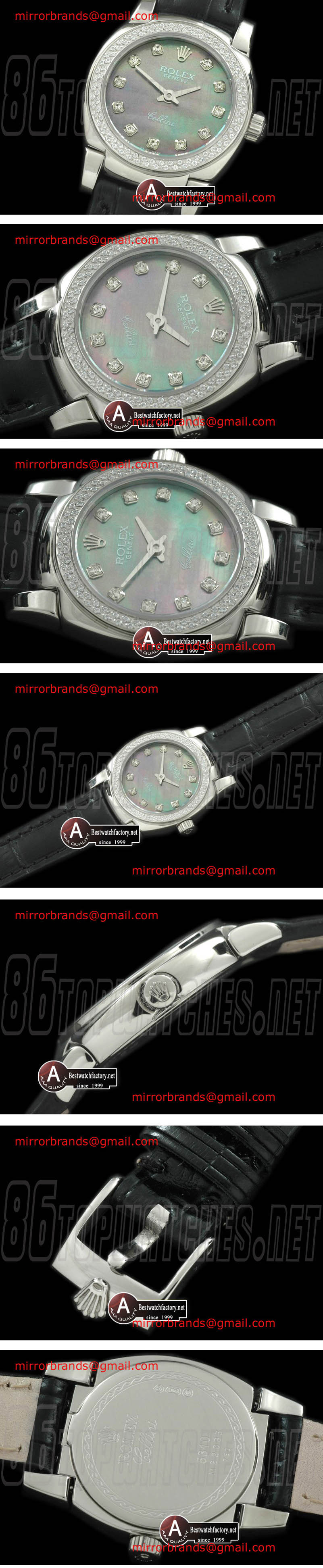 Luxury Rolex Ladies Mini Cellini SS/Leather MOP Green Diamond Swiss Quartz