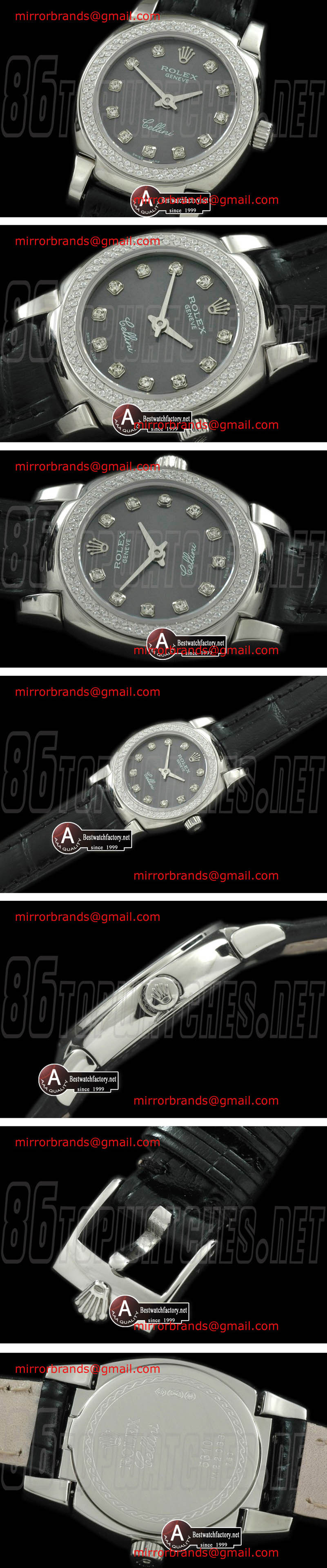 Luxury Rolex Ladies Mini Cellini SS/Leather Grey Diamond Swiss Quartz