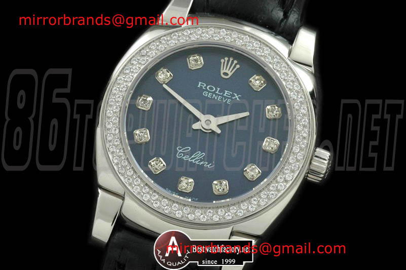 Luxury Rolex Ladies Mini Cellini SS/Leather Blue Diamond Swiss Qtz