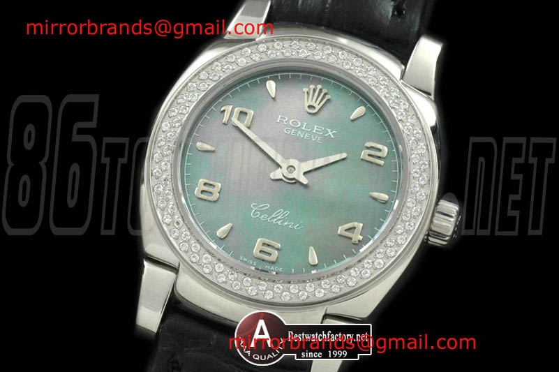 Luxury Rolex Ladies Mini Cellini SS/Leather MOP Green Num Swiss Quartz