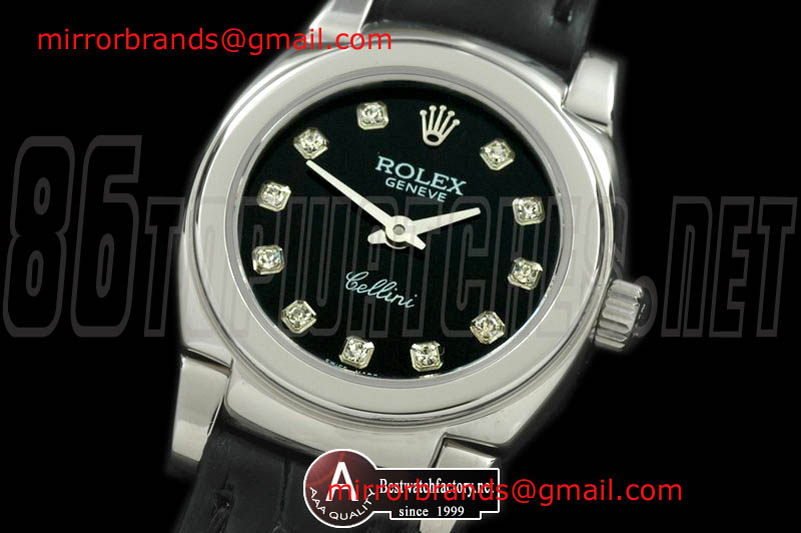 Luxury Rolex Ladies Mini Cellini SS/Leather Black Diamond Swiss Quartz