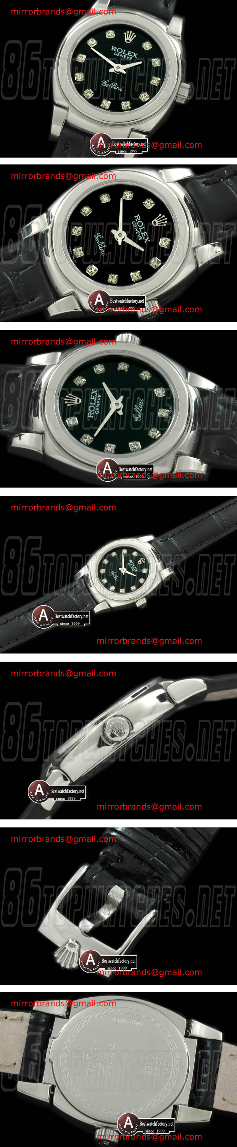 Luxury Rolex Ladies Mini Cellini SS/Leather Black Diamond Swiss Quartz