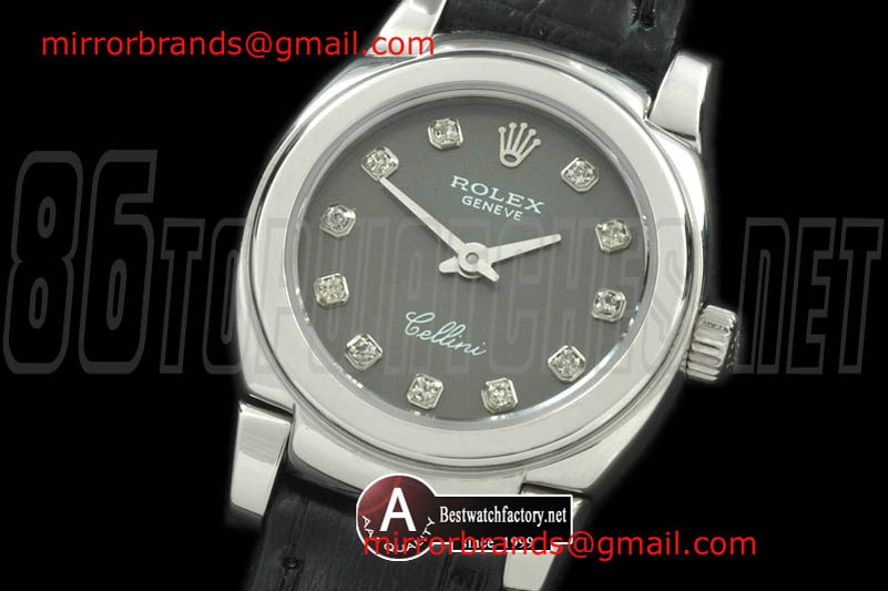 Luxury Rolex Ladies Mini Cellini SS/Leather Grey Diamond Swiss Quartz