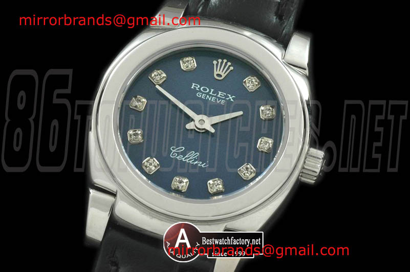Luxury Rolex Ladies Mini Cellini SS/Leather Blue Diamond Swiss Quartz