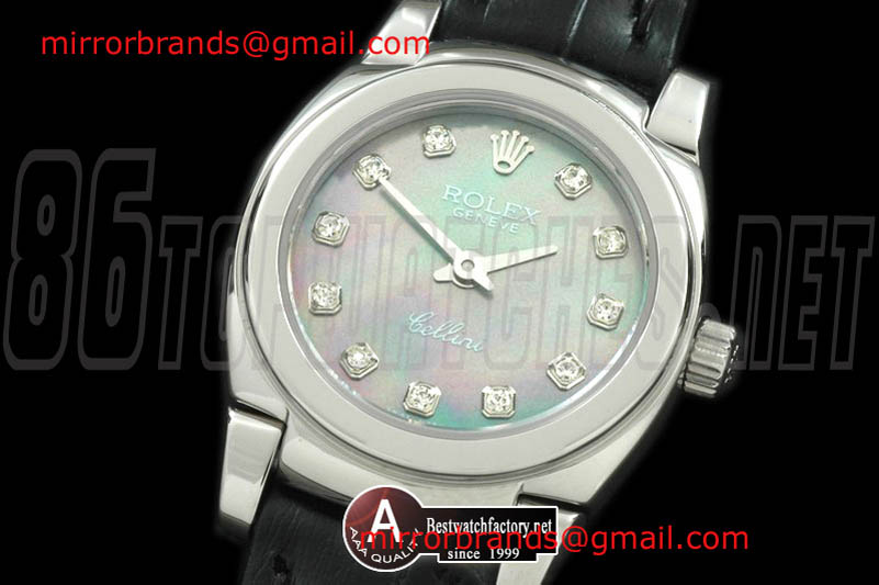 Luxury Rolex Ladies Mini Cellini SS/Leather MOP Green Diamond Swiss Quartz