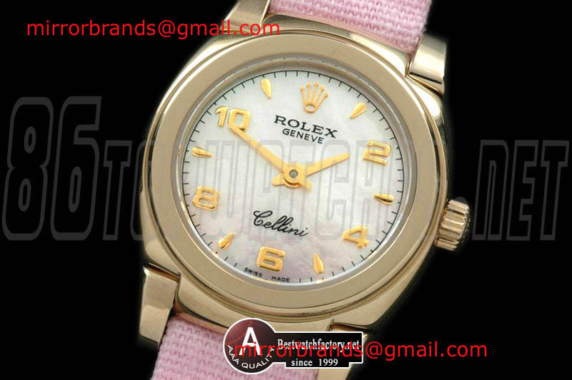 Luxury Rolex Ladies Mini Cellini Yellow Gold/Leather MOP Pink Numeral Swiss Qtz