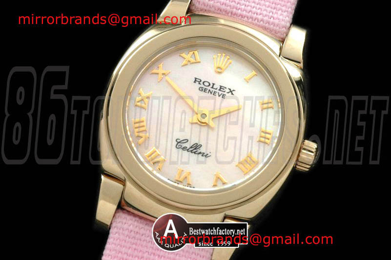 Luxury Rolex Ladies Mini Cellini Yellow Gold/Leather MOP Pink Roman Swiss Qtz