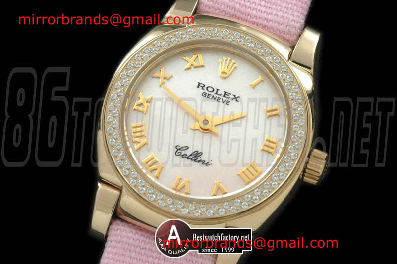 Luxury Rolex Ladies Mini Cellini Yellow Gold/Leather MOP Pink Roman Swiss Qtz