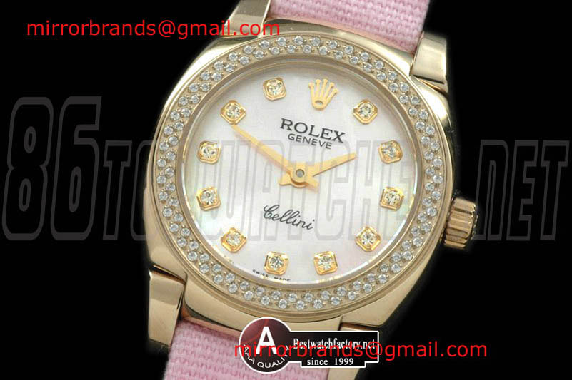 Luxury Rolex Ladies Mini Cellini Yellow Gold /Leather MOP Pink Diamond Swiss Qtz