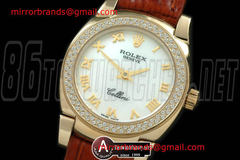 Luxury Rolex Ladies Mini Cellini Yellow Gold/Leather MOP White Roman Swiss Qtz