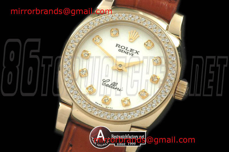 Luxury Rolex Ladies Mini Cellini Yellow Gold/Leather White Diamond Swiss Qtz