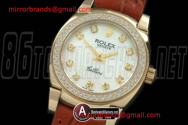 Luxury Rolex Ladies Mini Cellini Yellow Gold/Leather MOP White Diamond Swiss Qtz