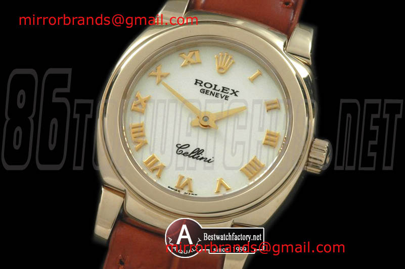 Luxury Rolex Ladies Mini Cellini Yellow Gold/Leather White Roman Swiss Qtz