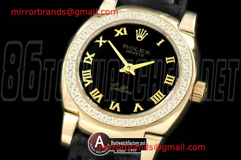 Luxury Rolex Ladies Mini Cellini Yellow Gold/Leather Black Roman Swiss Qtz