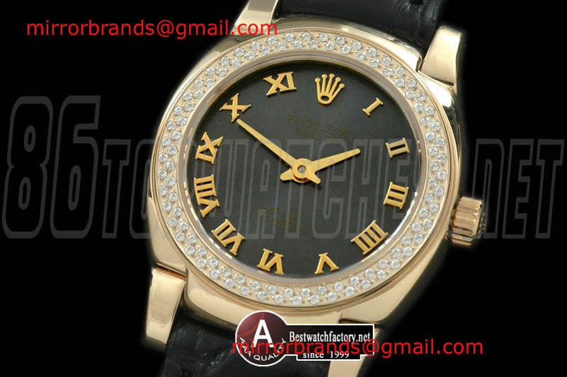 Luxury Rolex Ladies Mini Cellini Yellow Gold/Leather MOP Black Roman Swiss Qtz