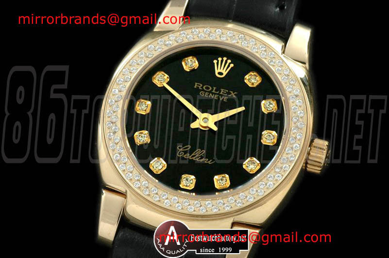 Luxury Rolex Ladies Mini Cellini Yellow Gold/Leather Black Diamond Swiss Qtz