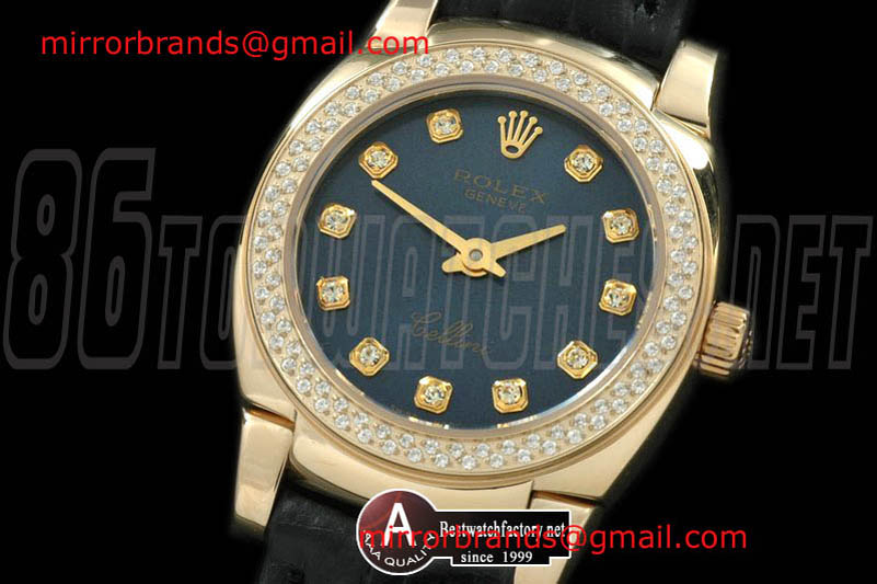 Luxury Rolex Ladies Mini Cellini Yellow Gold/Leather Blue Diamond Swiss Qtz