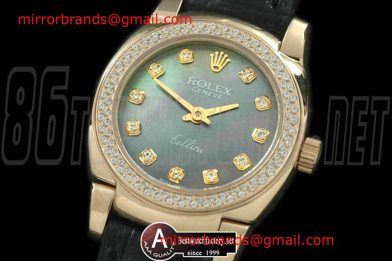 Luxury Rolex Ladies Mini Cellini Yellow Gold/Leather MOP Green Diamond Swiss Qtz