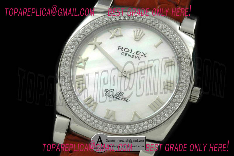Rolex Cellini Mid Size SS/Leather MOP White Swiss Quartz Replica Watches