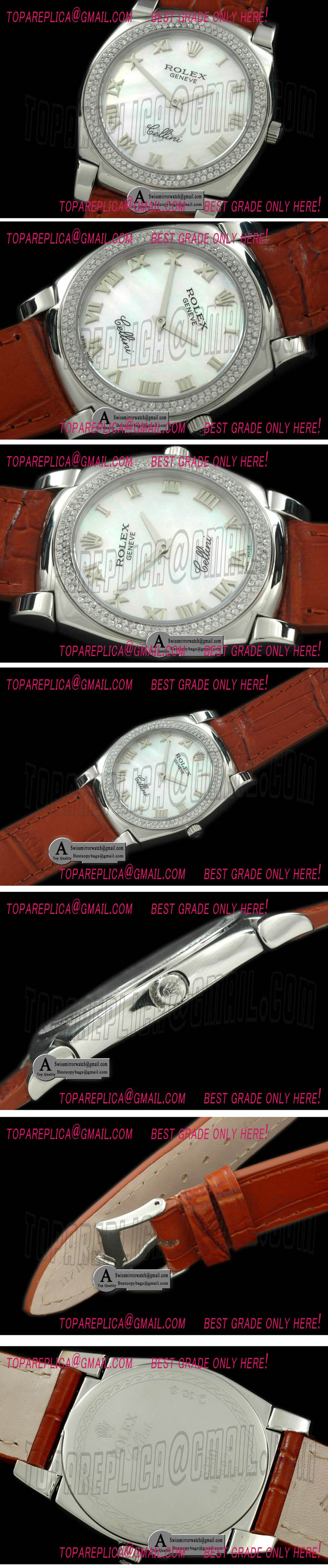 Rolex Cellini Mid Size SS/Leather MOP White Swiss Quartz Replica Watches
