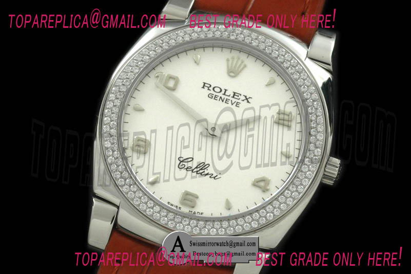 Rolex Cellini Mid Size SS/Leather White Numeral Swiss Quartz Replica Watches