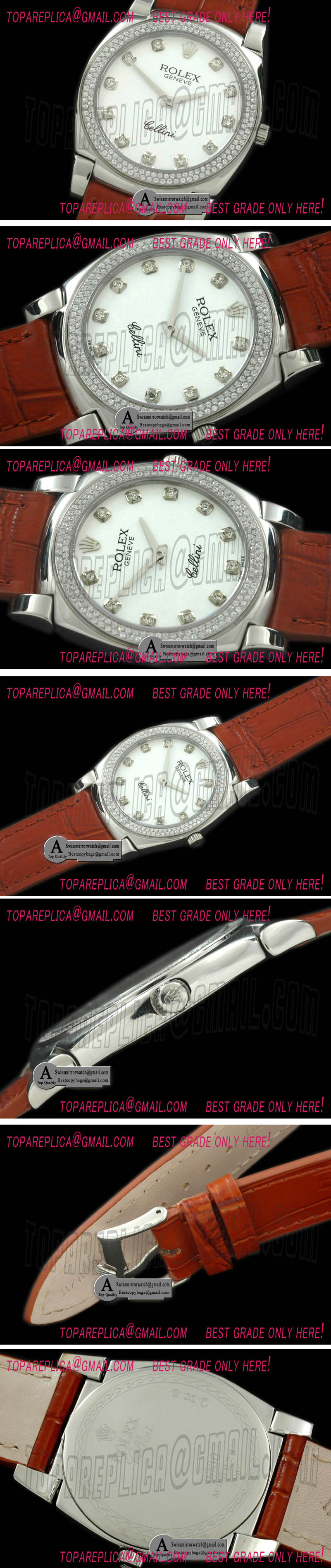 Rolex Cellini SS/Leather White Diamond Swiss Quartz Replica Watches