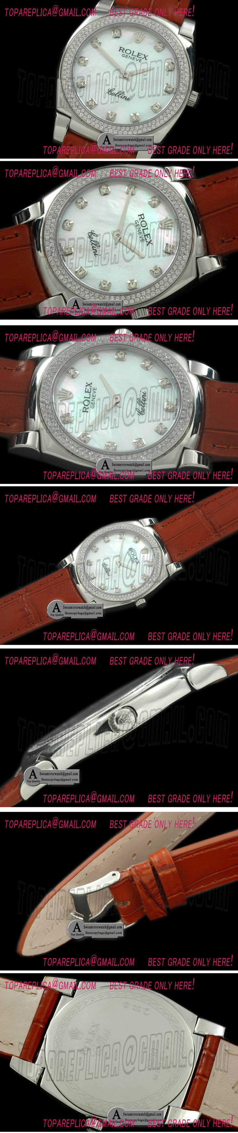 Rolex Cellini SS/Leather MOP White Diamond Swiss Quartz Replica Watches