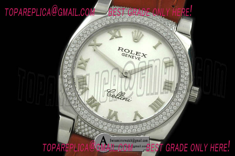 Rolex Ladies Cellini SS/Leather/Diamond Silver Swiss Quartz Replica Watches