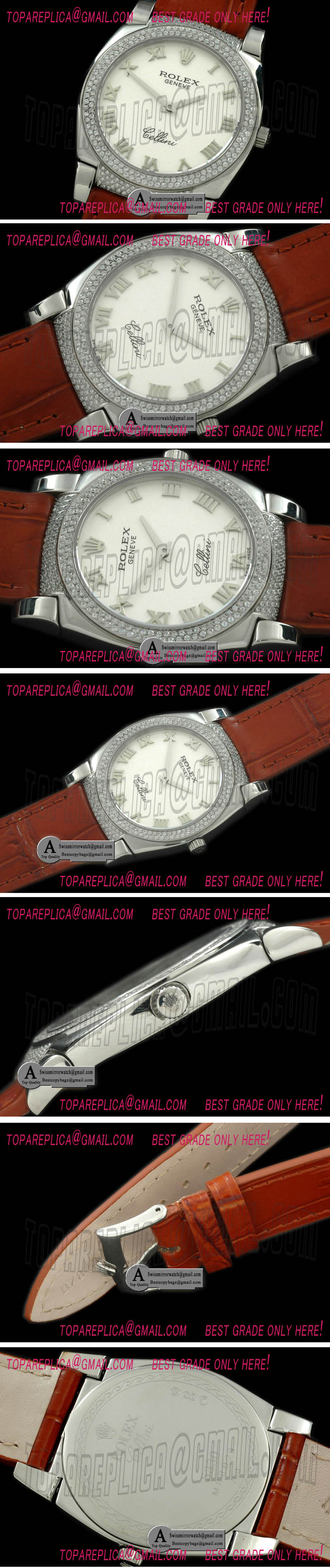 Rolex Ladies Cellini SS/Leather/Diamond White Swiss Quartz Replica Watches