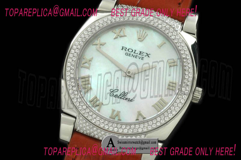Rolex Ladies Cellini SS/Leather/Diamond MOP White Swiss Quartz Replica Watches