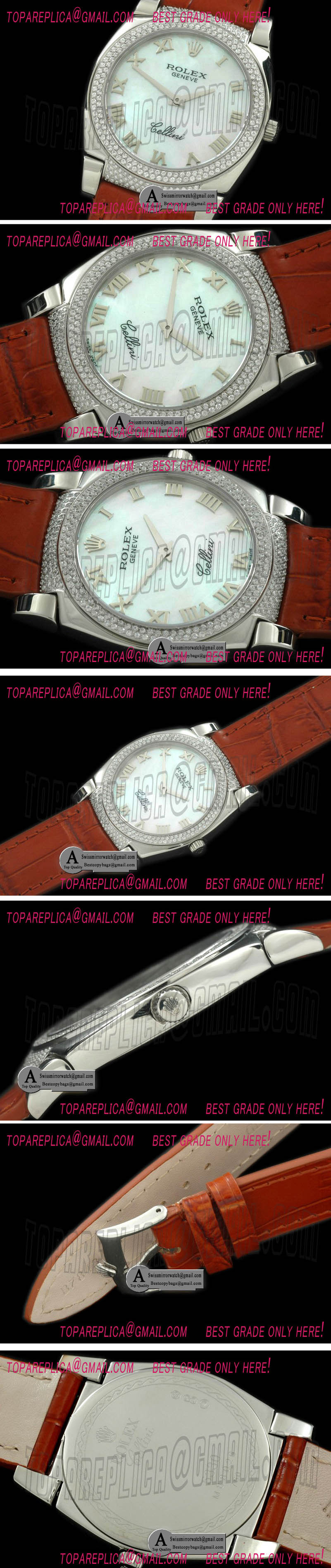 Rolex Ladies Cellini SS/Leather/Diamond MOP White Swiss Quartz Replica Watches
