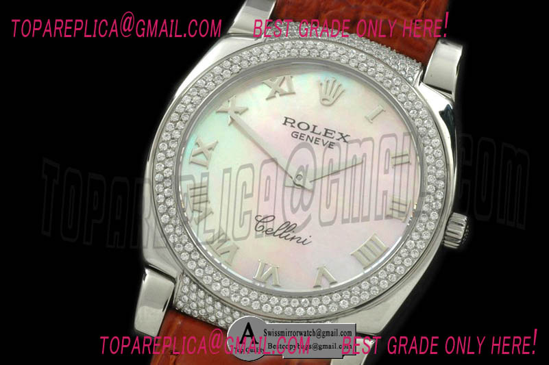 Rolex Ladies Cellini SS/Leather/Diamond MOP Pink Swiss Quartz Replica Watches