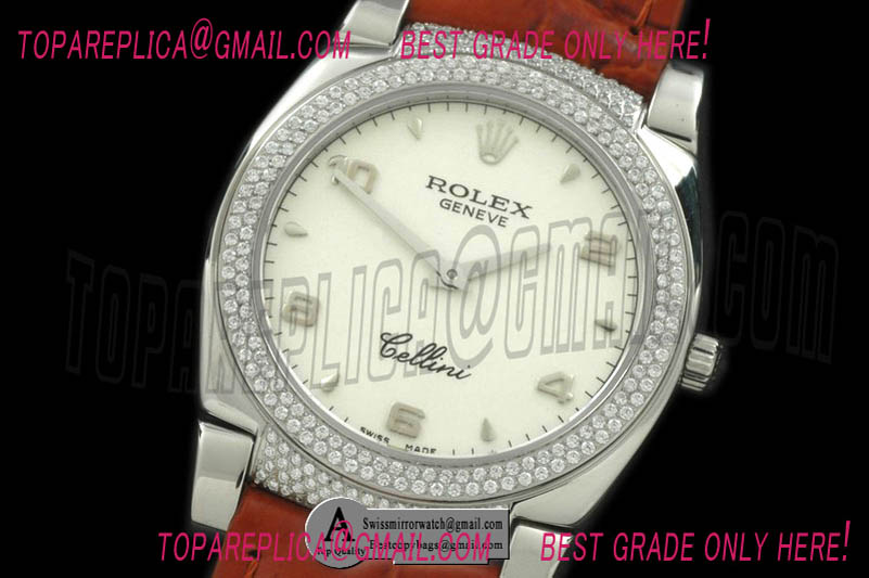 Rolex Ladies Cellini SS/Leather/Diamond White Numeral Swiss Quartz Replica Watches