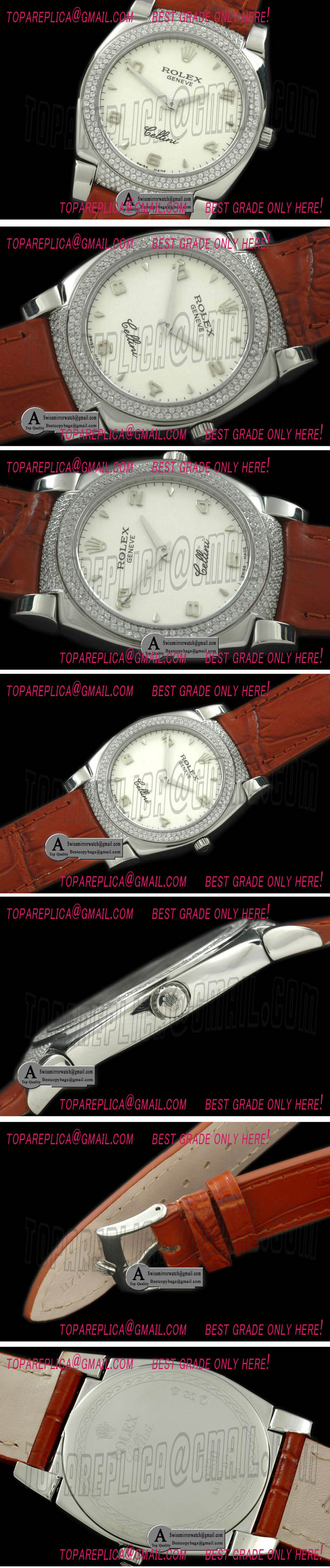 Rolex Ladies Cellini SS/Leather/Diamond White Numeral Swiss Quartz Replica Watches