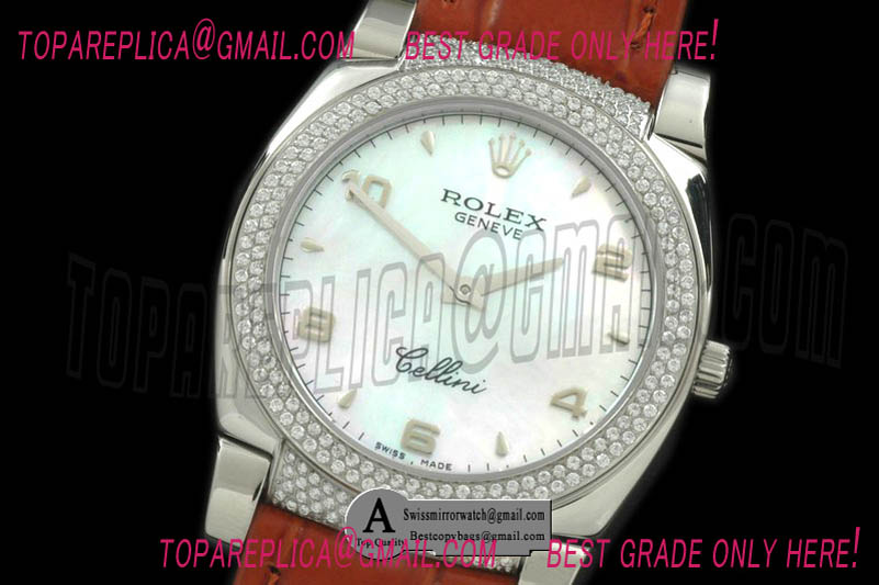Rolex Ladies Cellini SS/Leather/Diamond MOP White Numeral Swiss Quart Replica Watches