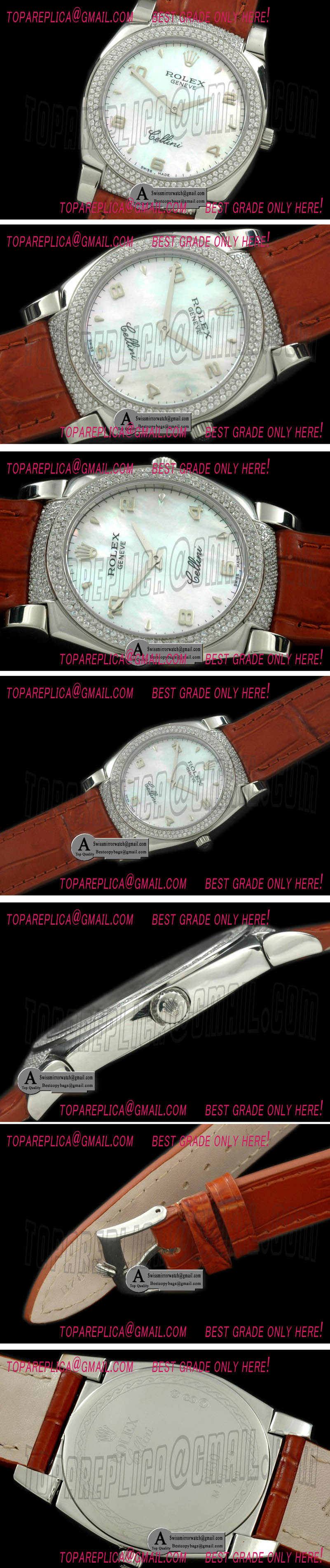 Rolex Ladies Cellini SS/Leather/Diamond MOP White Numeral Swiss Quart Replica Watches
