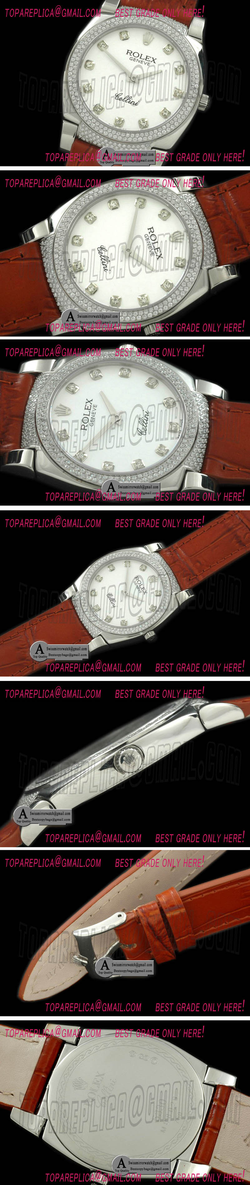 Rolex Ladies Cellini SS/Leather/Diamond MOP White Diamond Swiss Quartz Replica Watches
