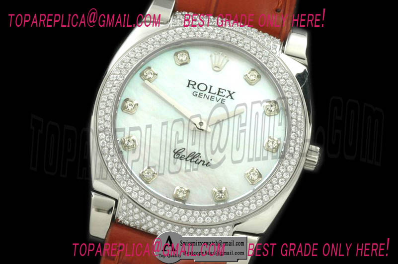 Rolex Ladies Cellini SS/Leather/Diamond MOP Pink Diamond Swiss Qtz Replica Watches