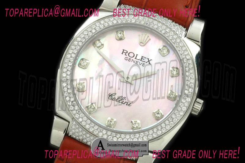 Rolex Ladies Cellini SS/Leather/Diamond White Diamond Swiss Quartz Replica Watches
