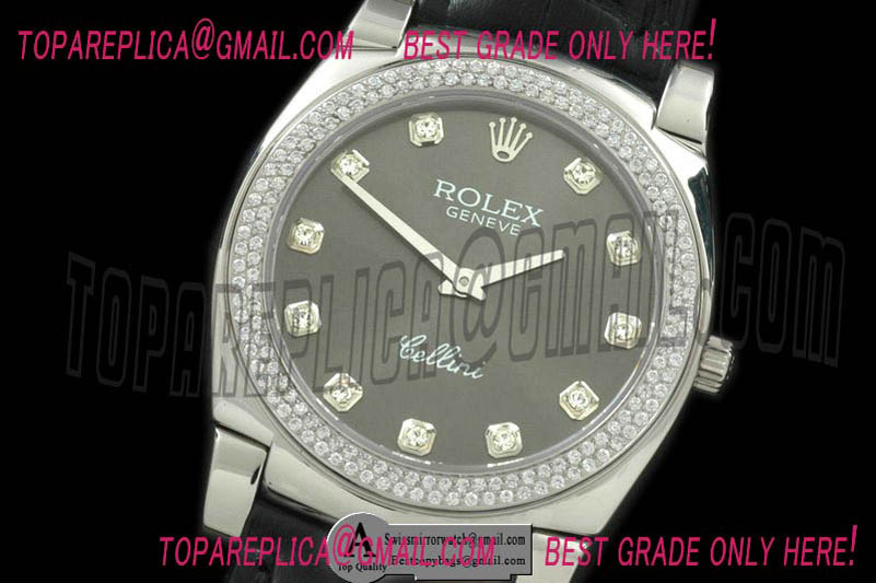 Rolex Cellini SS/Leather Grey Diamond Swiss Quartz Replica Watches