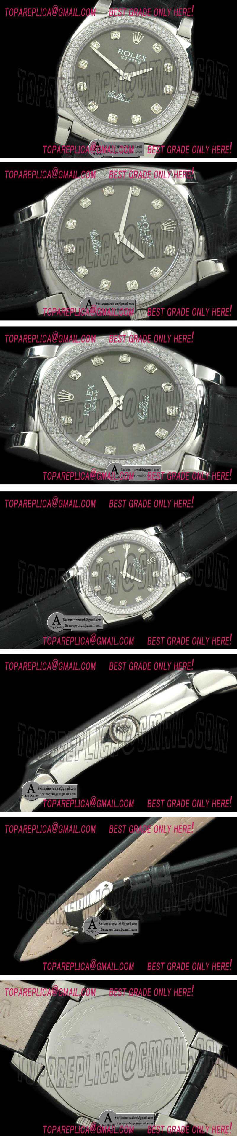 Rolex Cellini SS/Leather Grey Diamond Swiss Quartz Replica Watches