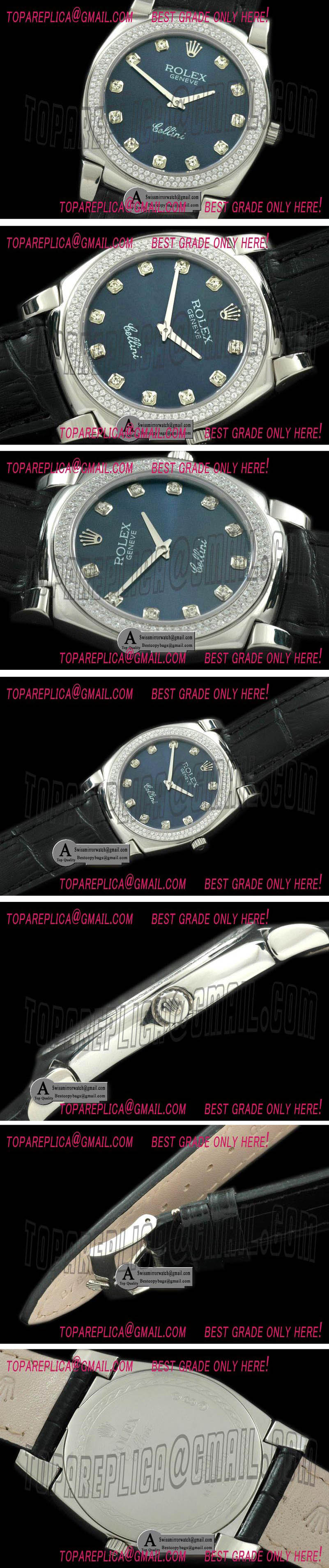 Rolex Cellini SS/Leather Blue Diamond Swiss Quartz Replica Watches