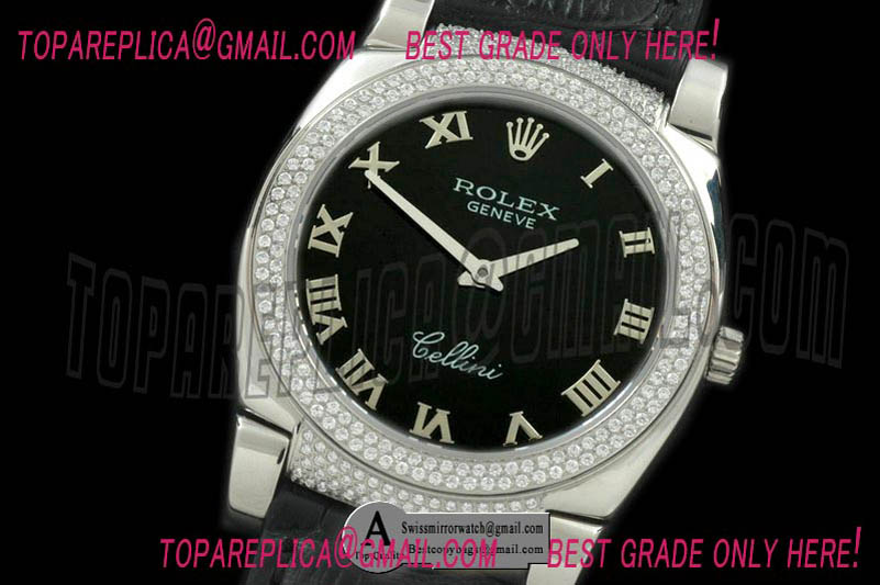 Rolex Ladies Cellini SS/Leather/Diamond Black Swiss Quartz Replica Watches