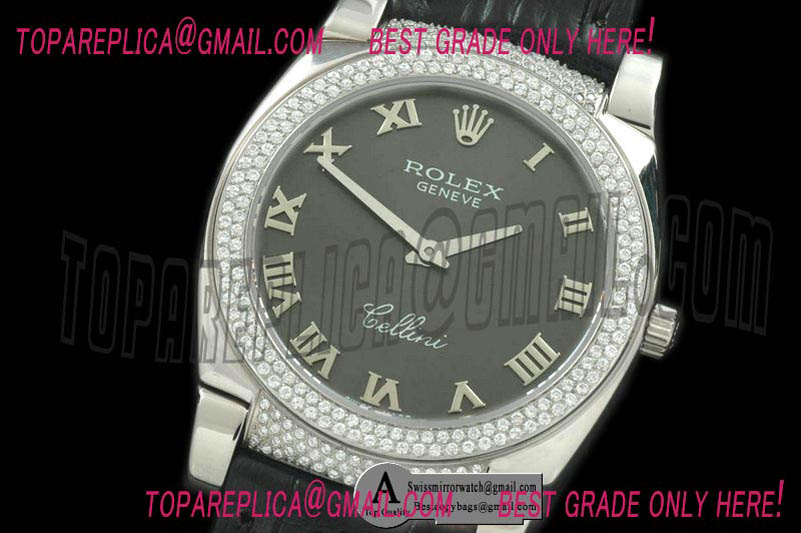 Rolex Ladies Cellini SS/Leather/Diamond Grey Swiss Quartz Replica Watches