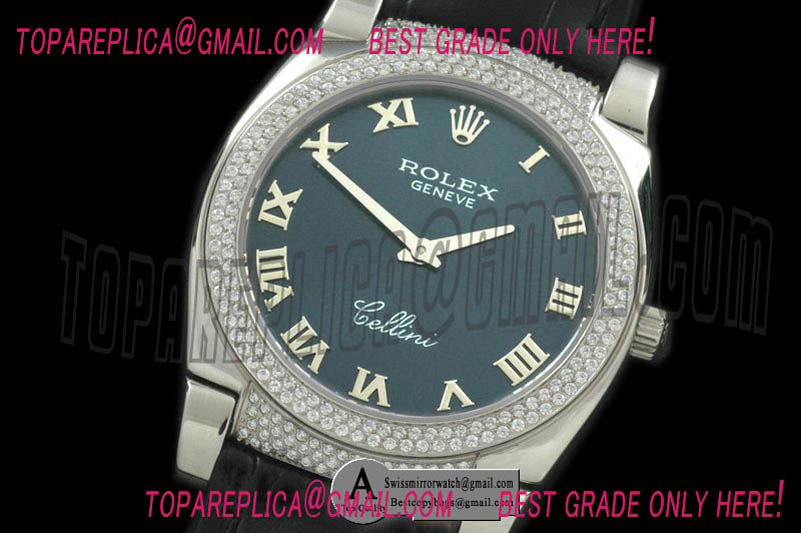 Rolex Ladies Cellini SS/Leather/Diamond Blue Swiss Quartz Replica Watches
